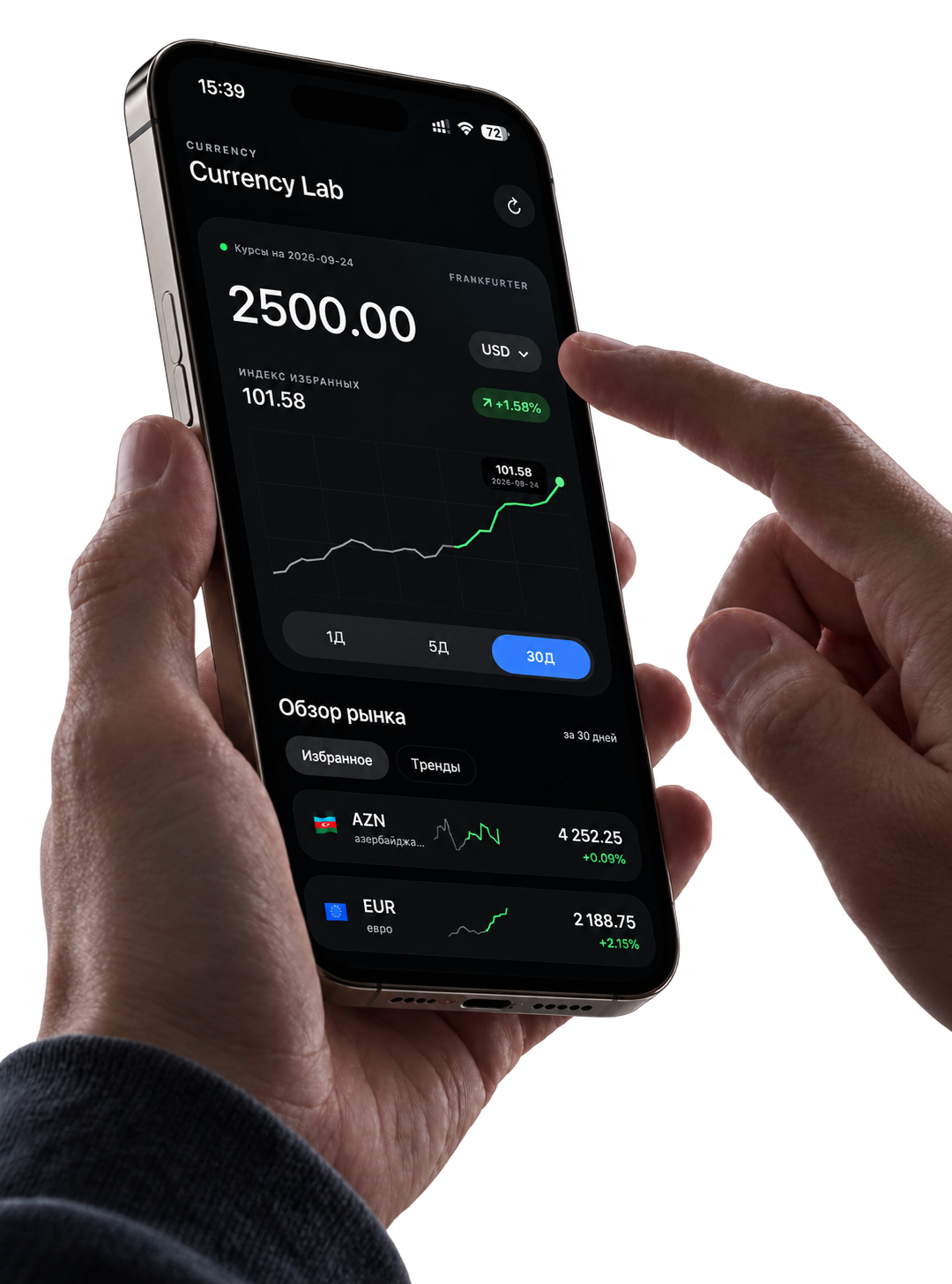 Currency Lab on iPhone showing an amount, exchange-rate chart, and favorite currencies